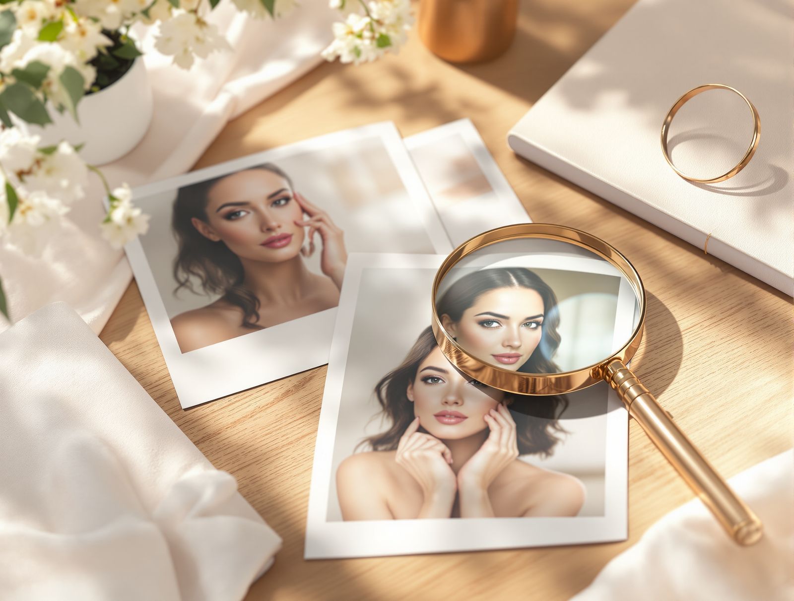 Printed photographs, a magnifying glass, and a notebook on a wooden desk