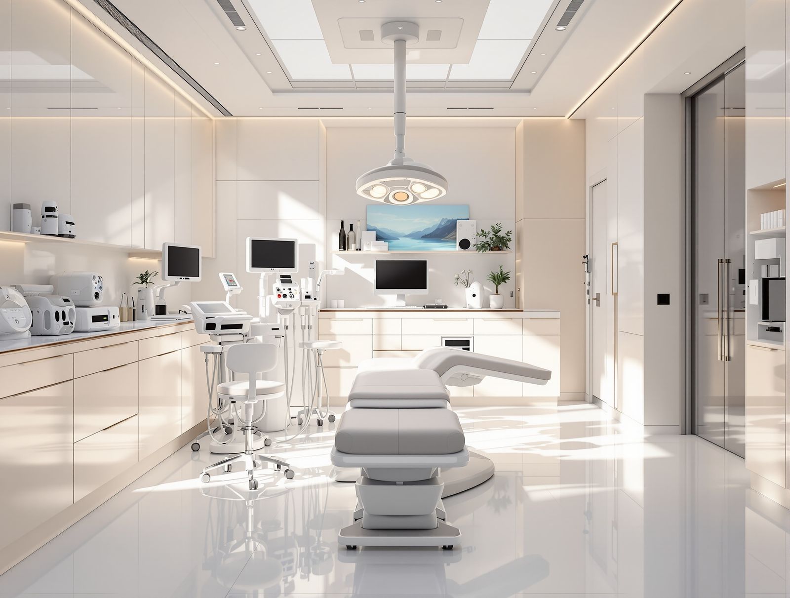 A clean, immaculate accredited operating suite in soft daylight