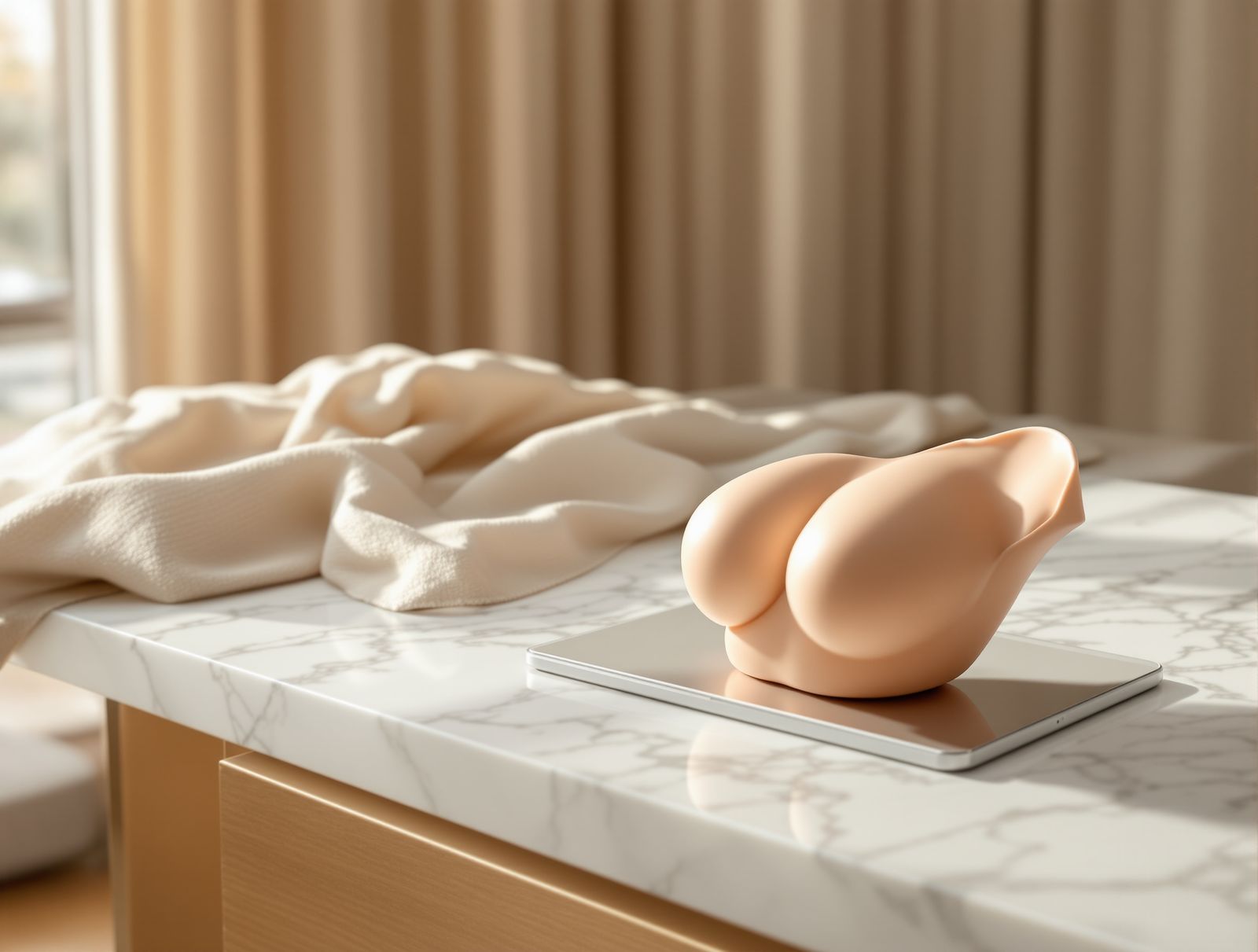 A soft neutral fabric drape and a small anatomical breast model on a clean marble consultation desk in warm window light