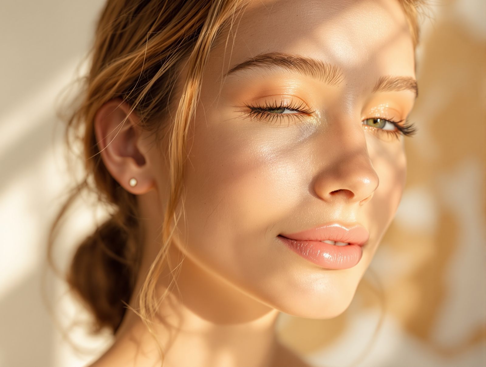 A serene editorial portrait emphasizing the forehead and brow in soft light