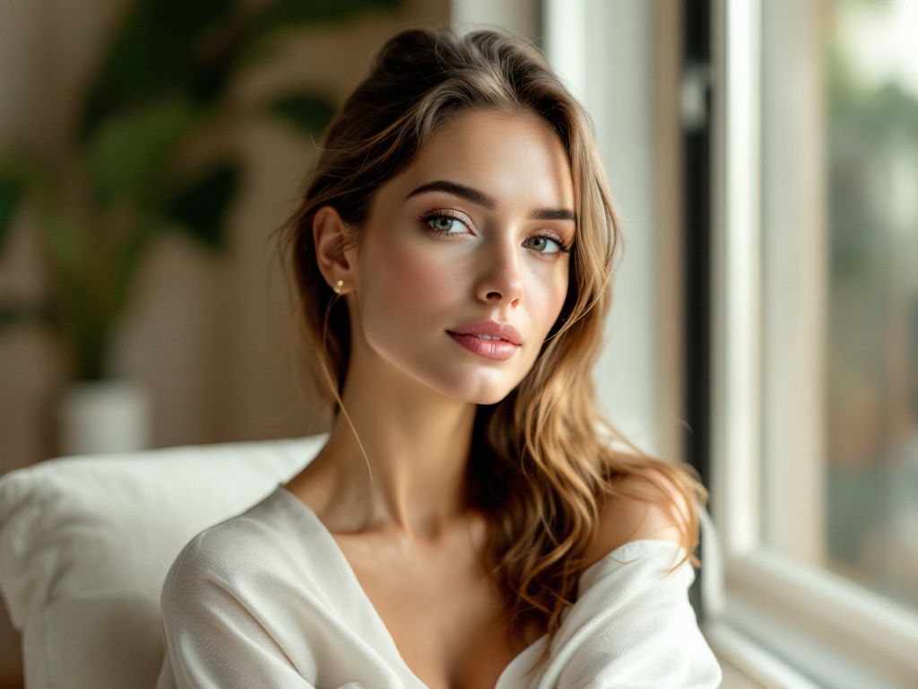 A composed woman with softly defined natural cheekbones seated by a bright window in a refined clinic