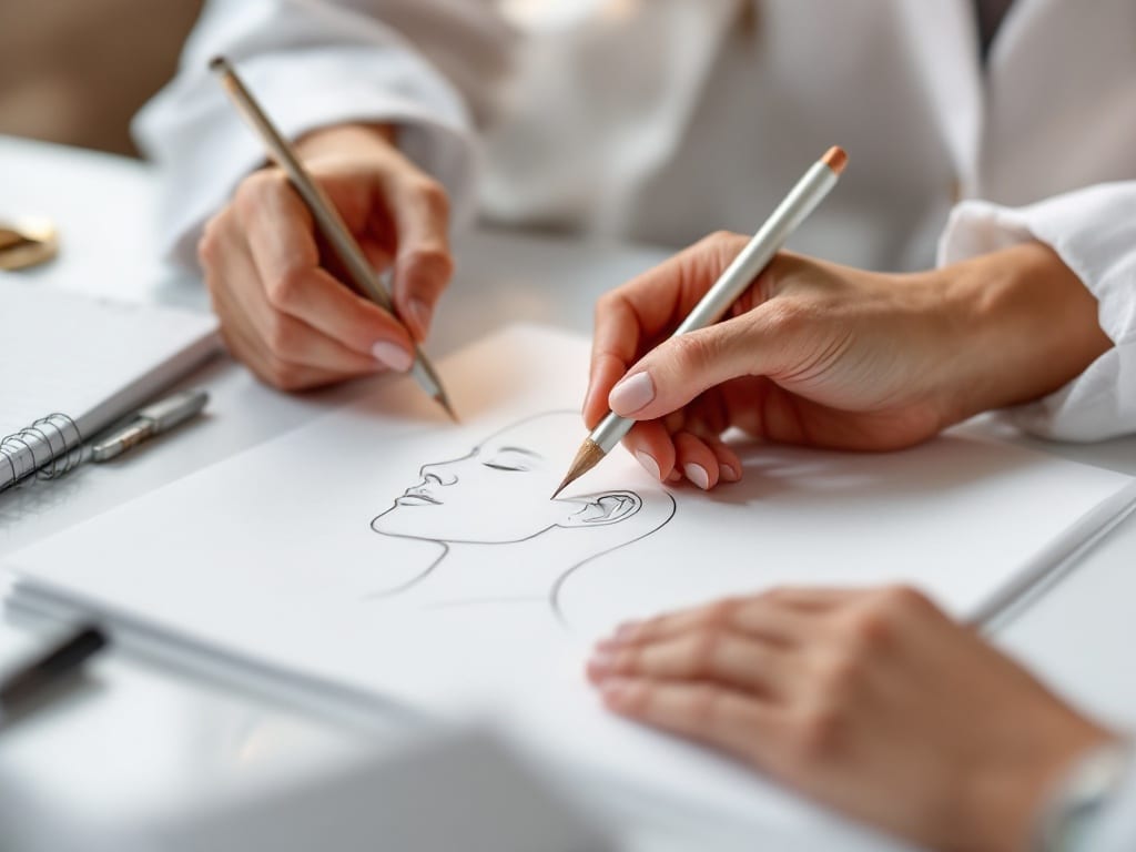 A surgeon's hands sketching a facial profile outline in pencil on paper at an elegant consultation desk