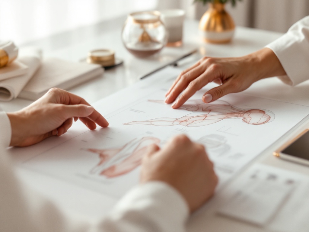 A surgeon's hands over an anatomical planning diagram and notes on a clean desk
