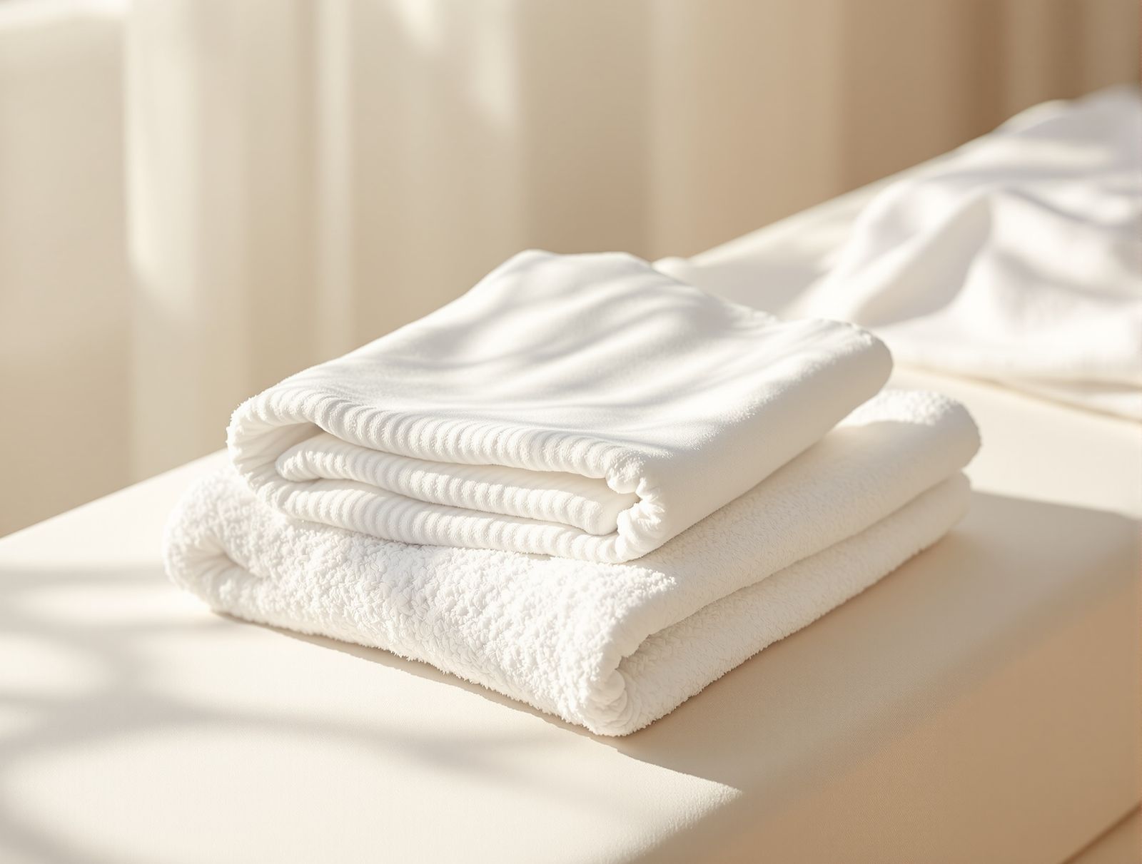 A neatly folded compression garment and towel on a clean bench in soft light