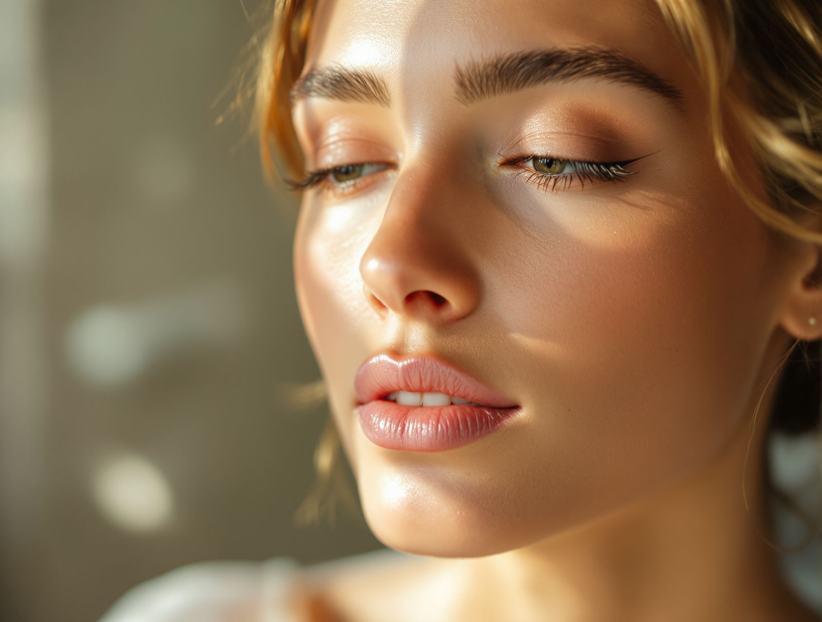 A calm editorial portrait emphasizing rested eyes in soft natural light
