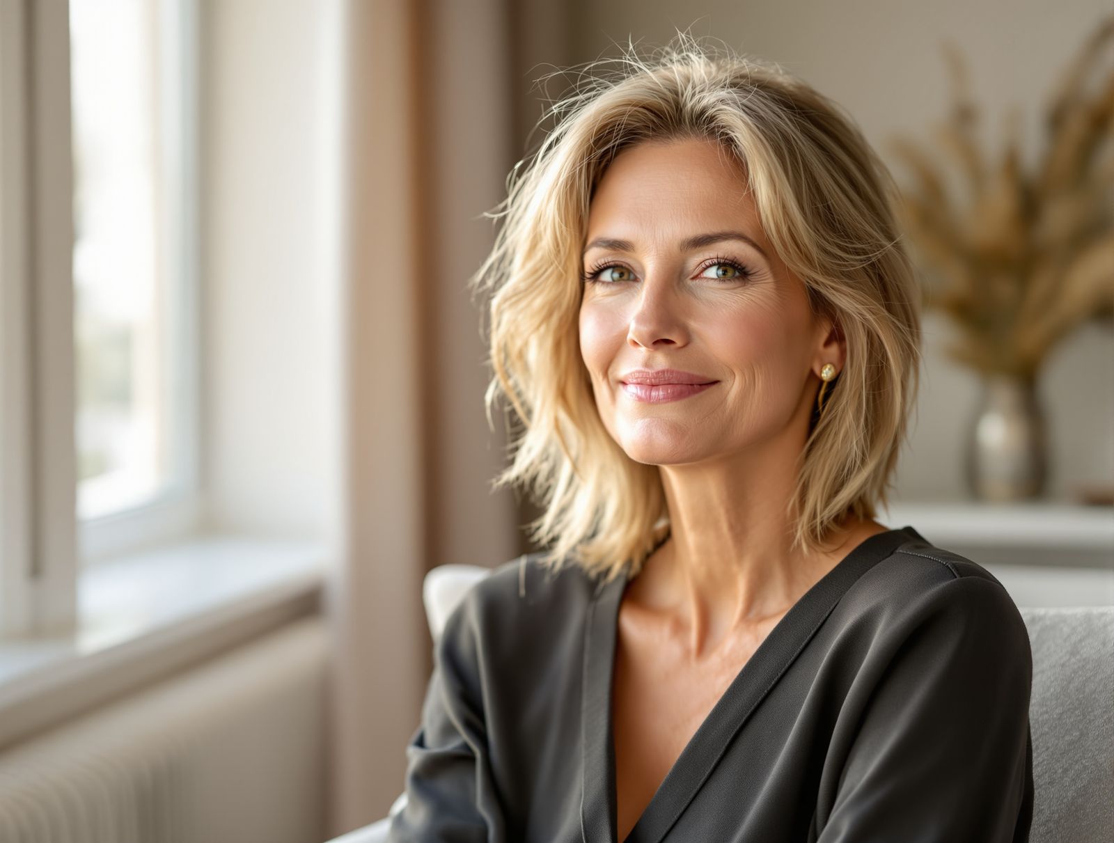 A composed woman in her fifties with healthy skin in soft window light