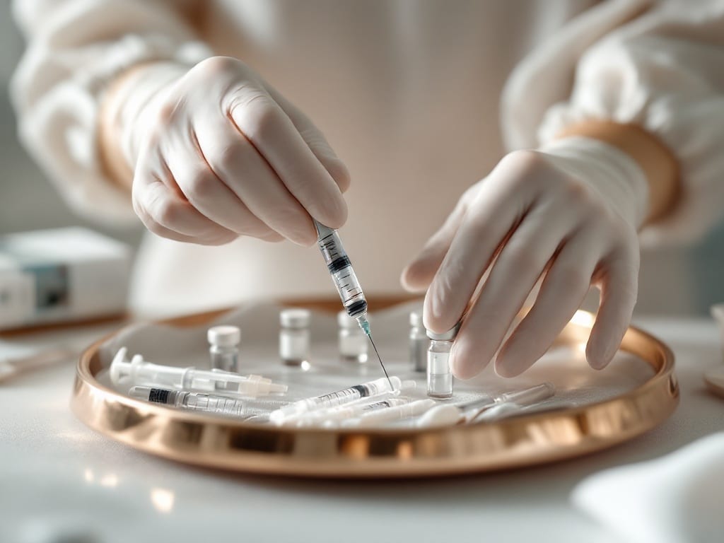 A surgeon's gloved hands arranging small labeled syringes on a sterile tray in a bright clinic