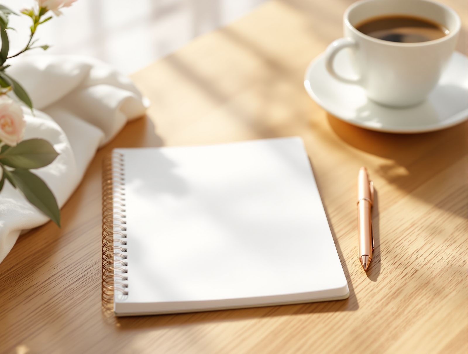A notebook, pen, and coffee on a wooden desk in soft morning light