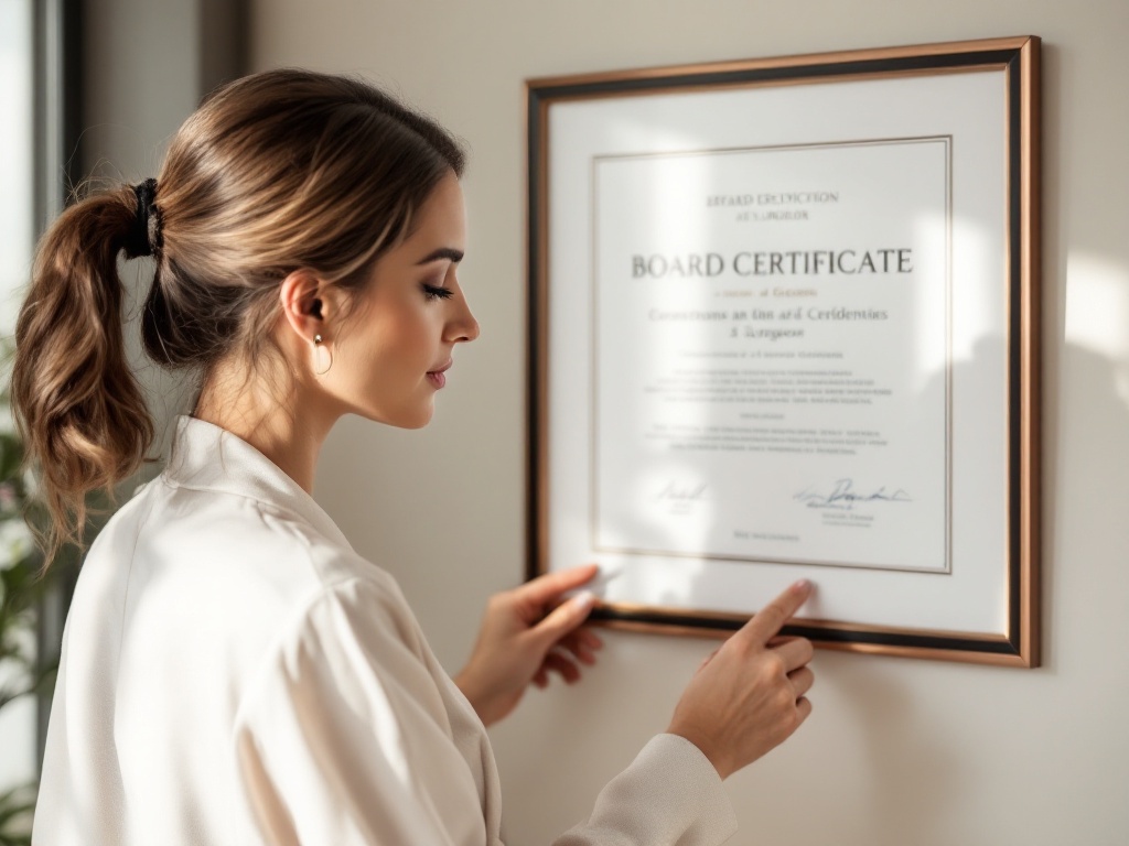 A professional woman reviewing framed surgeon credentials in a refined consultation suite