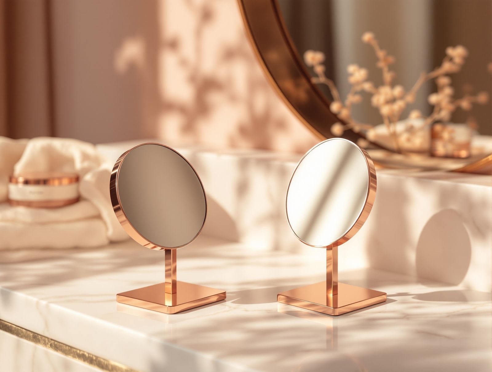 A minimalist still life of skincare and a small mirror on a marble vanity