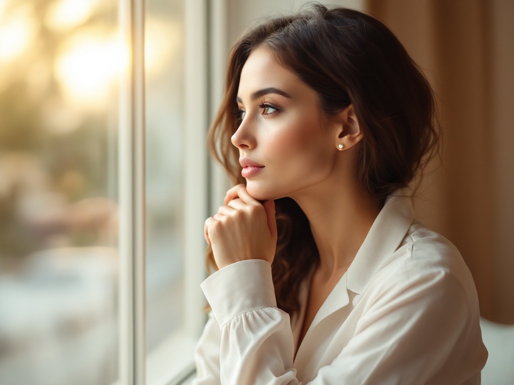 A contemplative woman by a large window in soft daylight, looking out thoughtfully