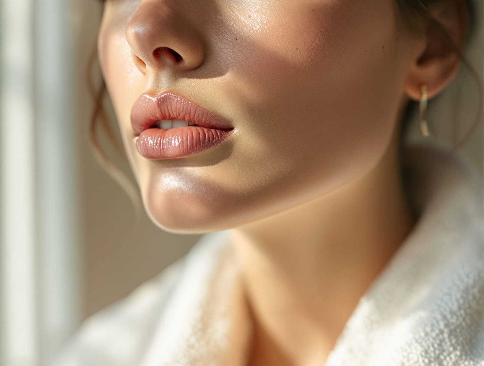 A calm editorial close-up portrait of a woman's lower face and softly defined lips in soft natural light