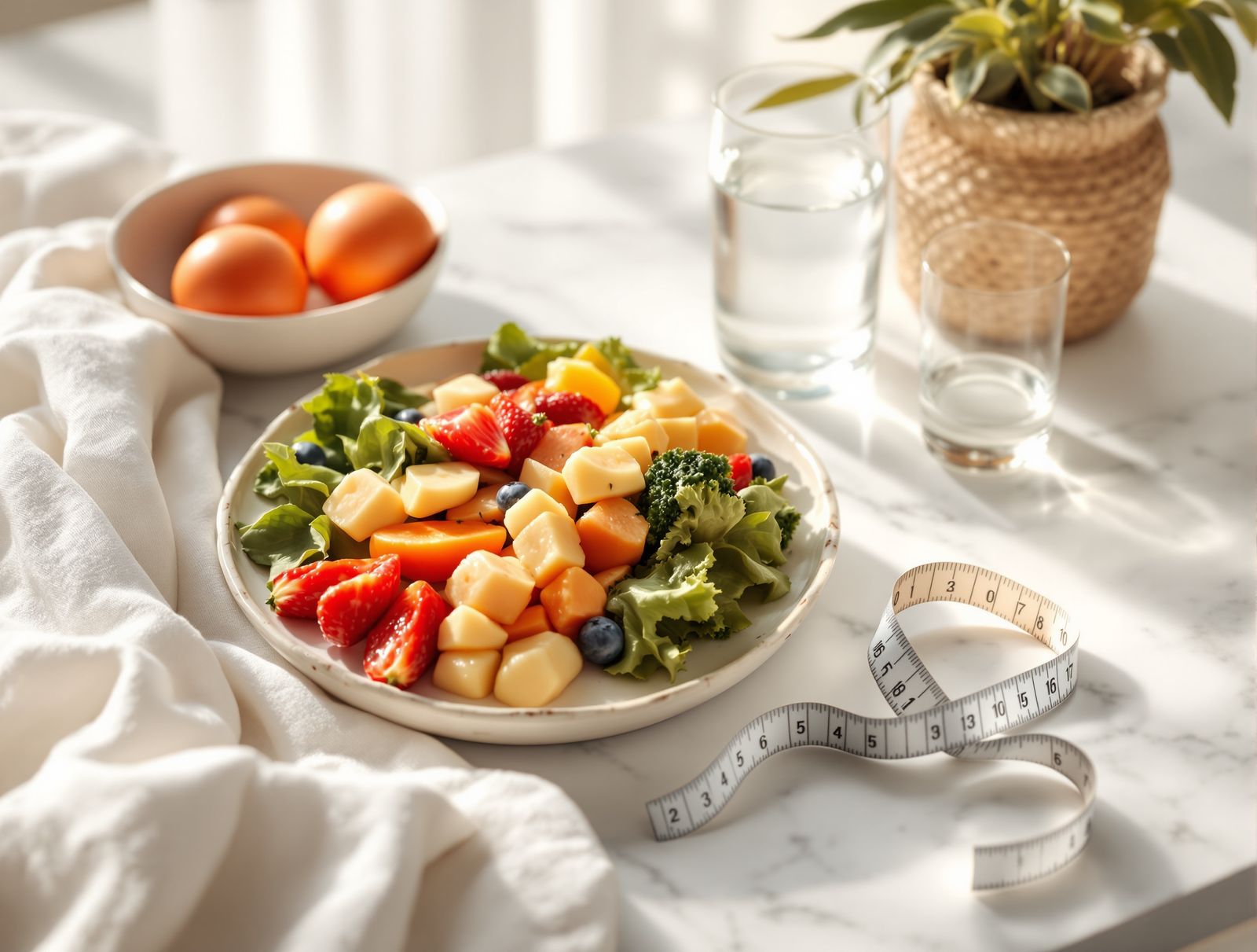 A healthy meal, water, and tape measure on a marble counter in soft daylight