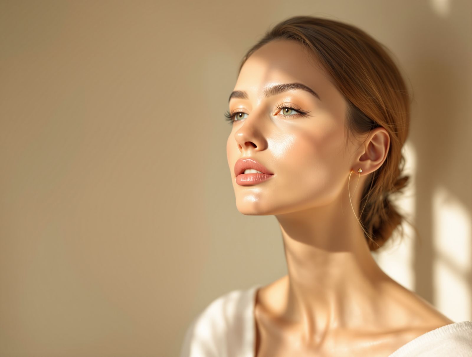 An elegant portrait emphasizing a defined jawline and neck in soft daylight