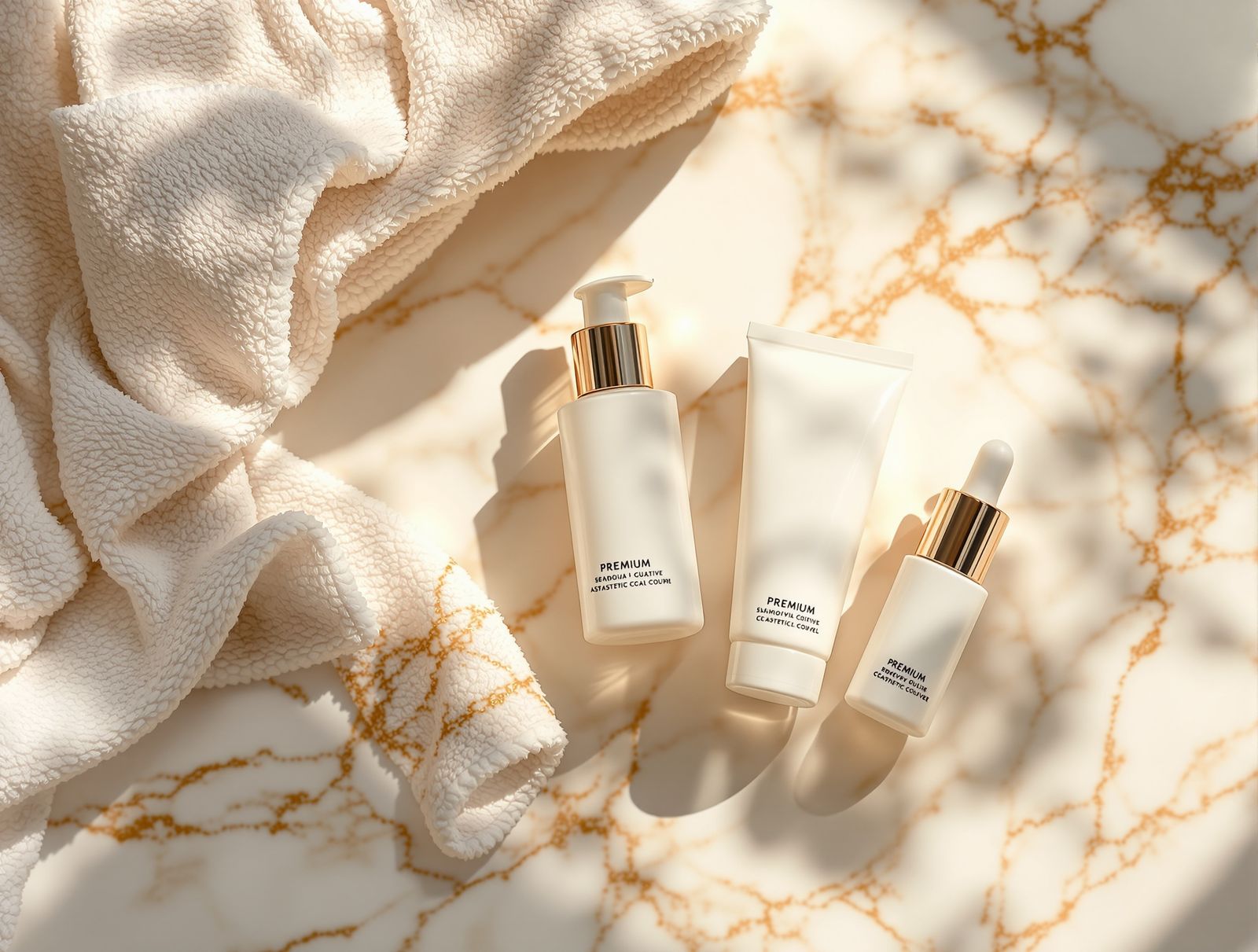 An elegant flat lay of skincare and a towel on a marble surface
