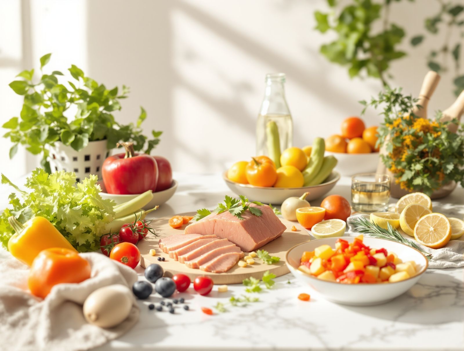 A wholesome still life of vegetables, protein, and water on a marble counter