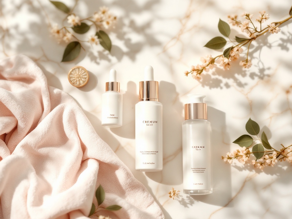 An elegant flat lay of premium skincare and botanicals on a warm marble surface