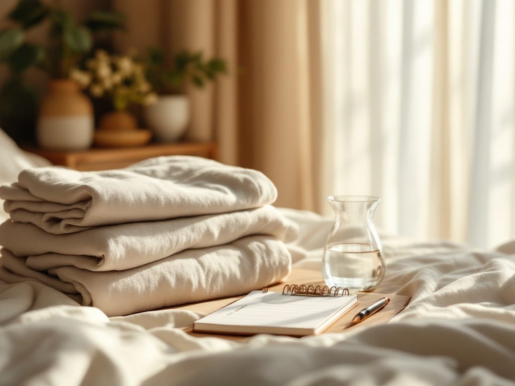 A neatly prepared bedside with folded clothing, water, and a checklist in soft morning light