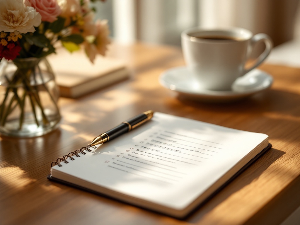 A notebook with a list of questions and a pen on a warm wooden desk in morning light