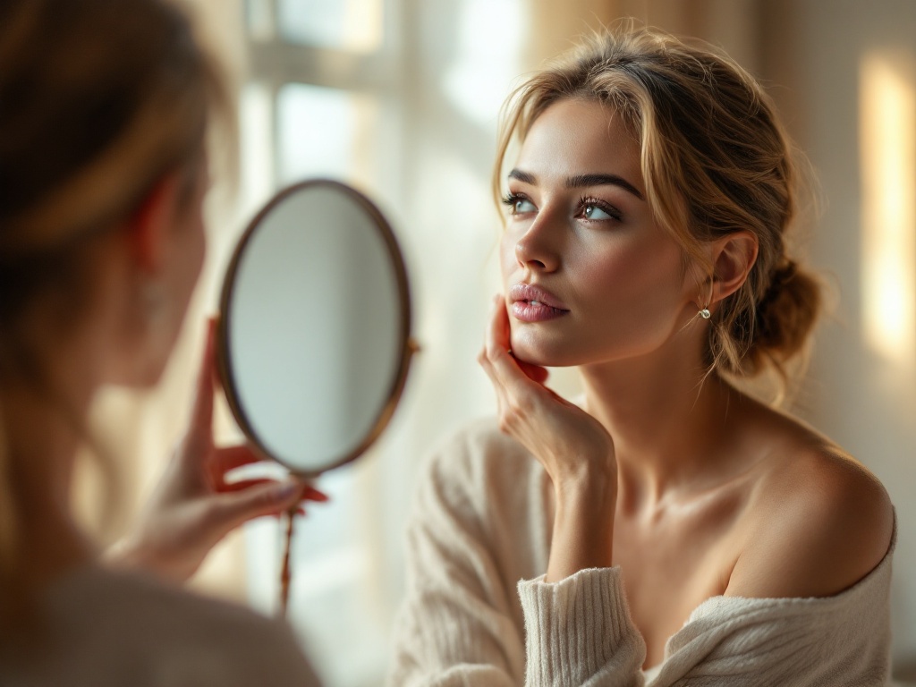 A thoughtful woman looking at her reflection in a hand mirror in soft window light