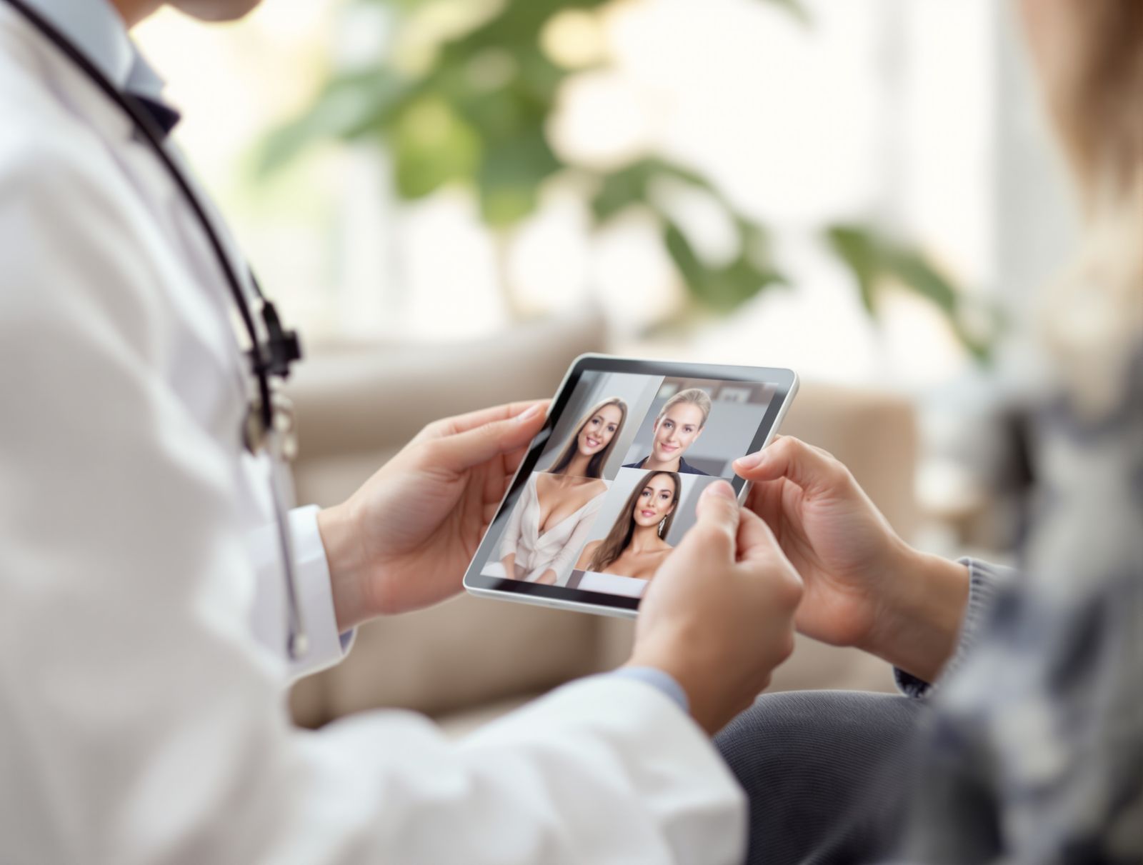 A doctor and patient reviewing photos on a tablet in a calm office