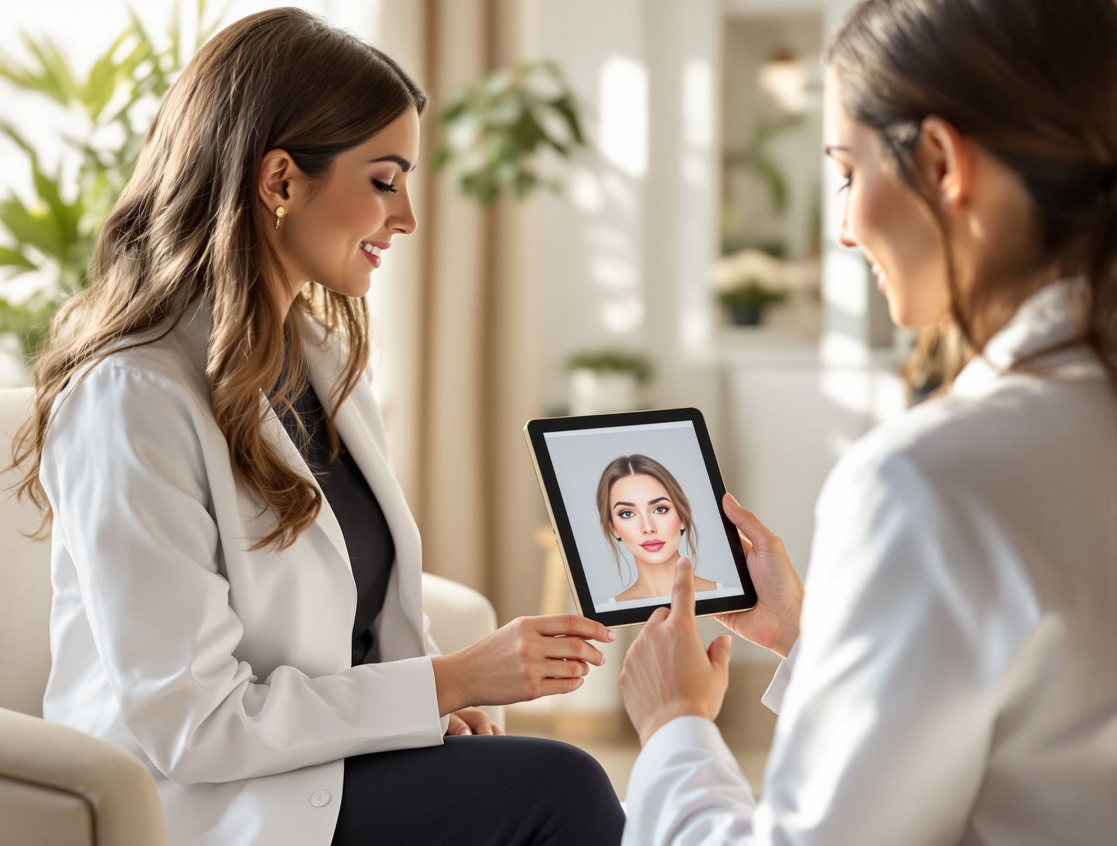 A surgeon and patient discussing a facial profile on a tablet in a calm consultation room