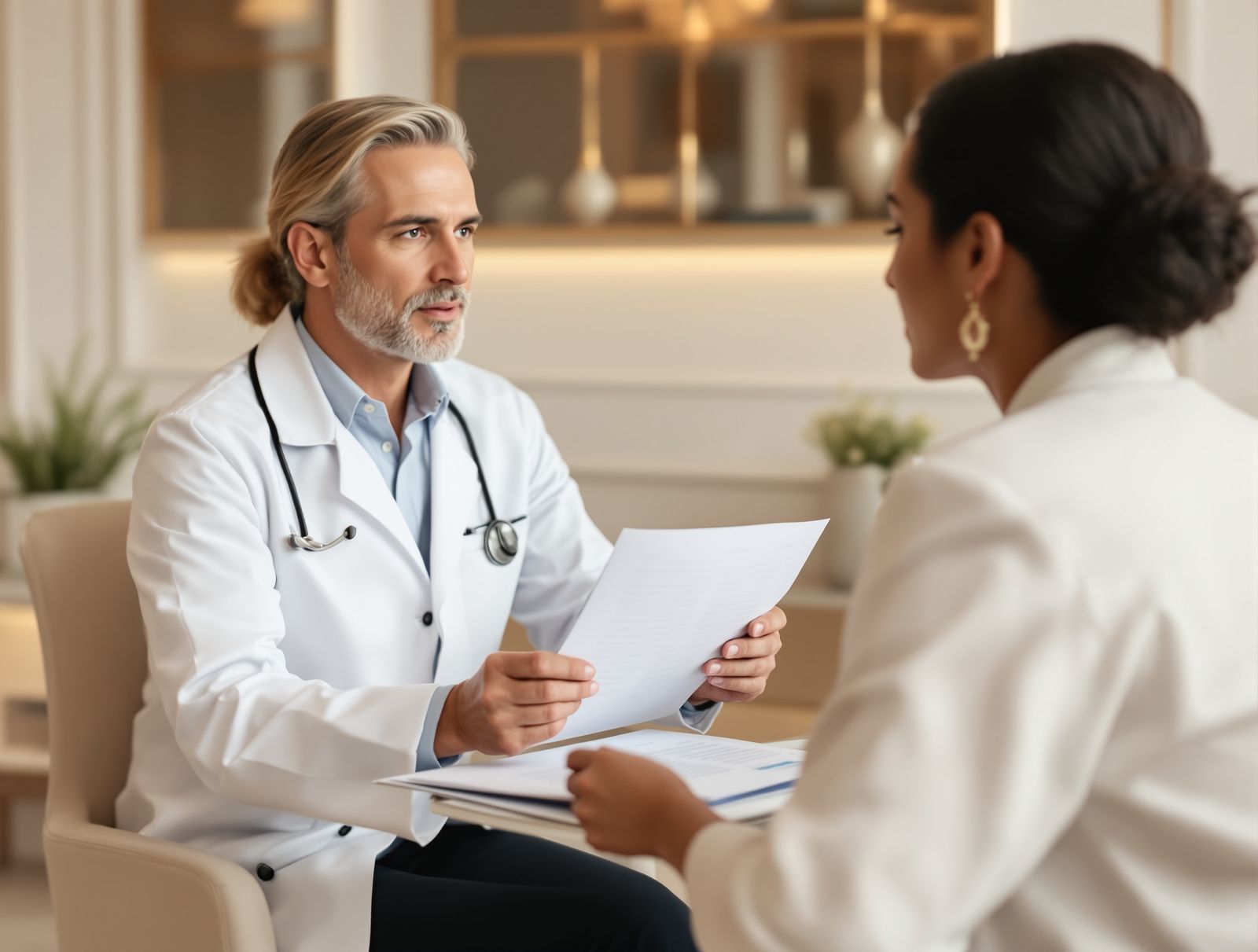 A doctor explaining a consent document to a patient across a desk