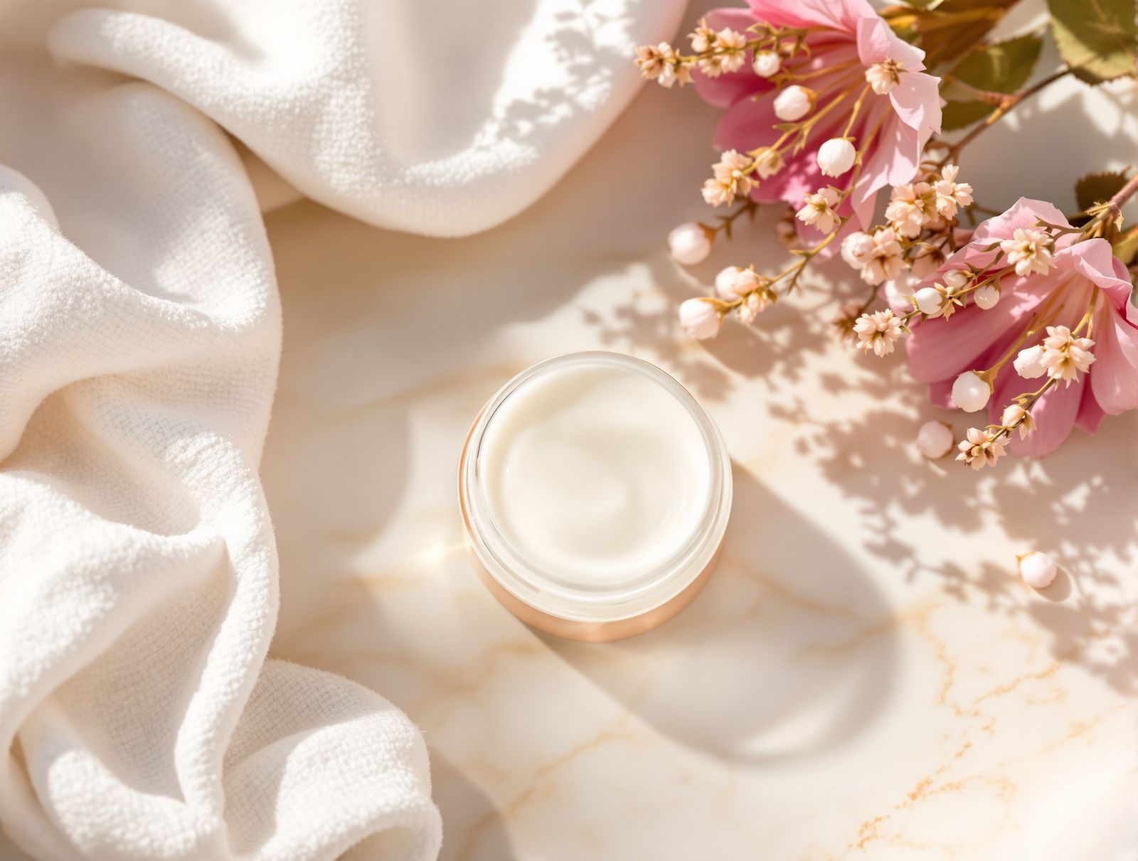A flat lay of scar-care products and botanicals on a marble surface