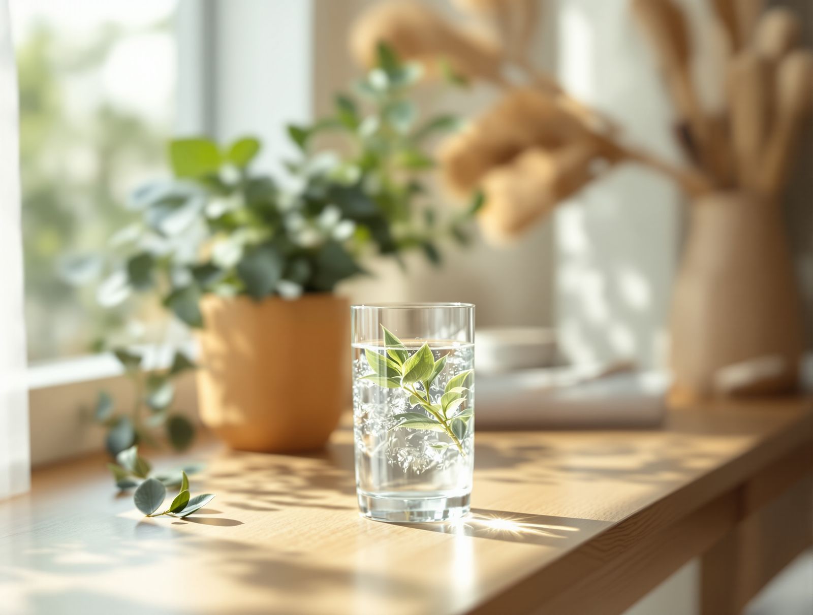 A calm still life of greenery and water by a bright window