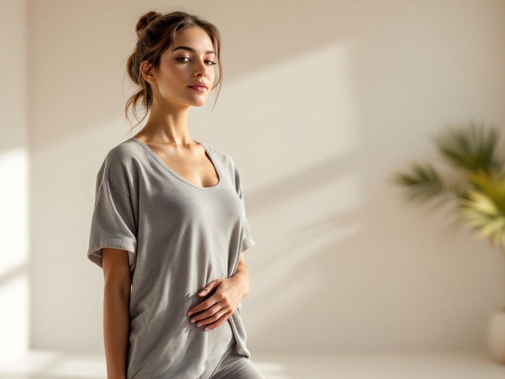 A fit woman in athletic wear standing relaxed and confident in a bright studio
