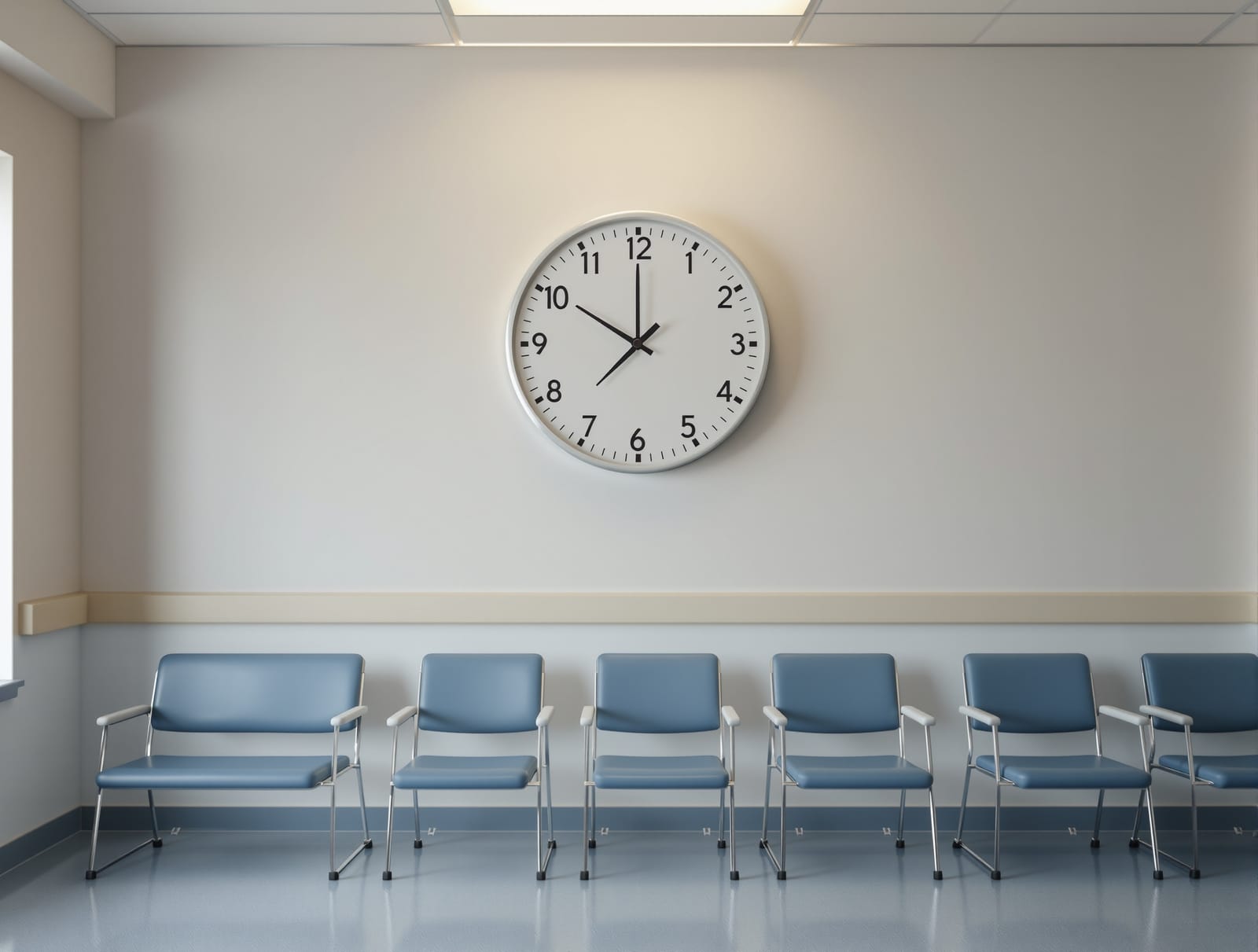 A large analog wall clock in a quiet hospital corridor, pale morning light, empty seating along the wall, calm institutional interior.