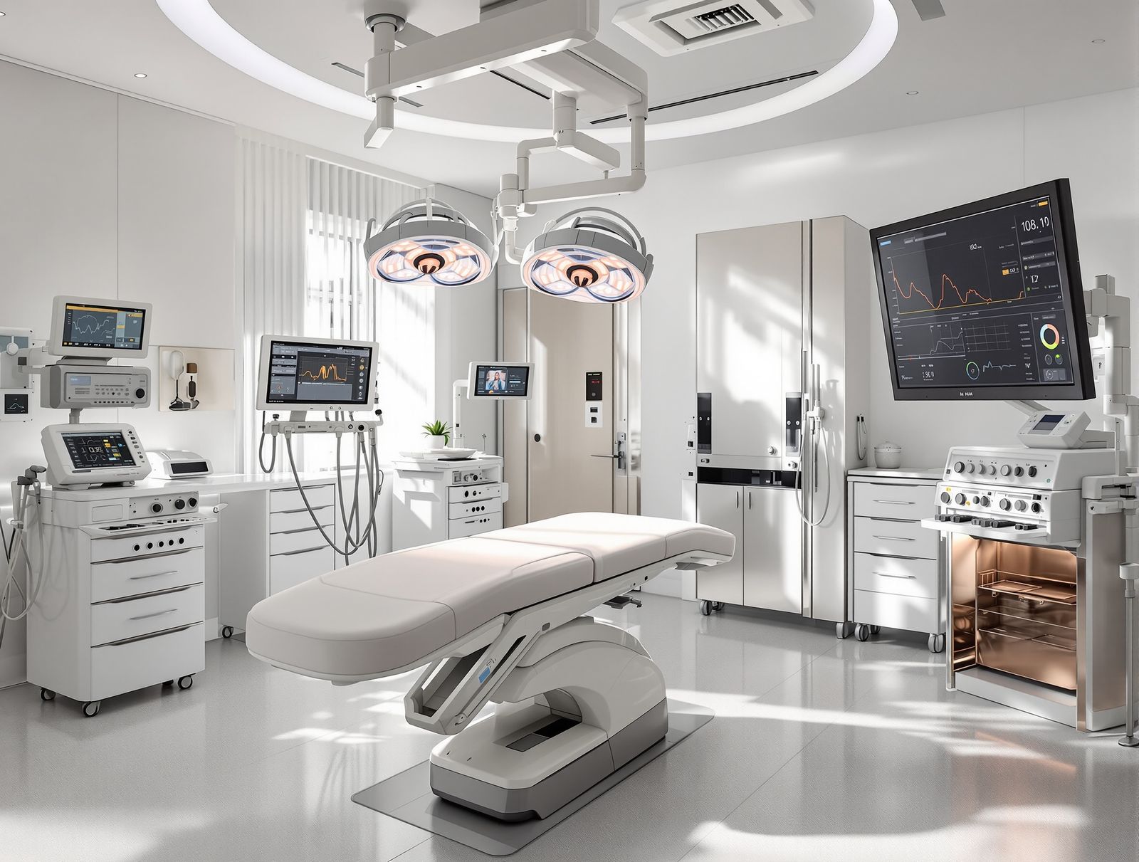 A clean operating suite with monitoring equipment in soft daylight