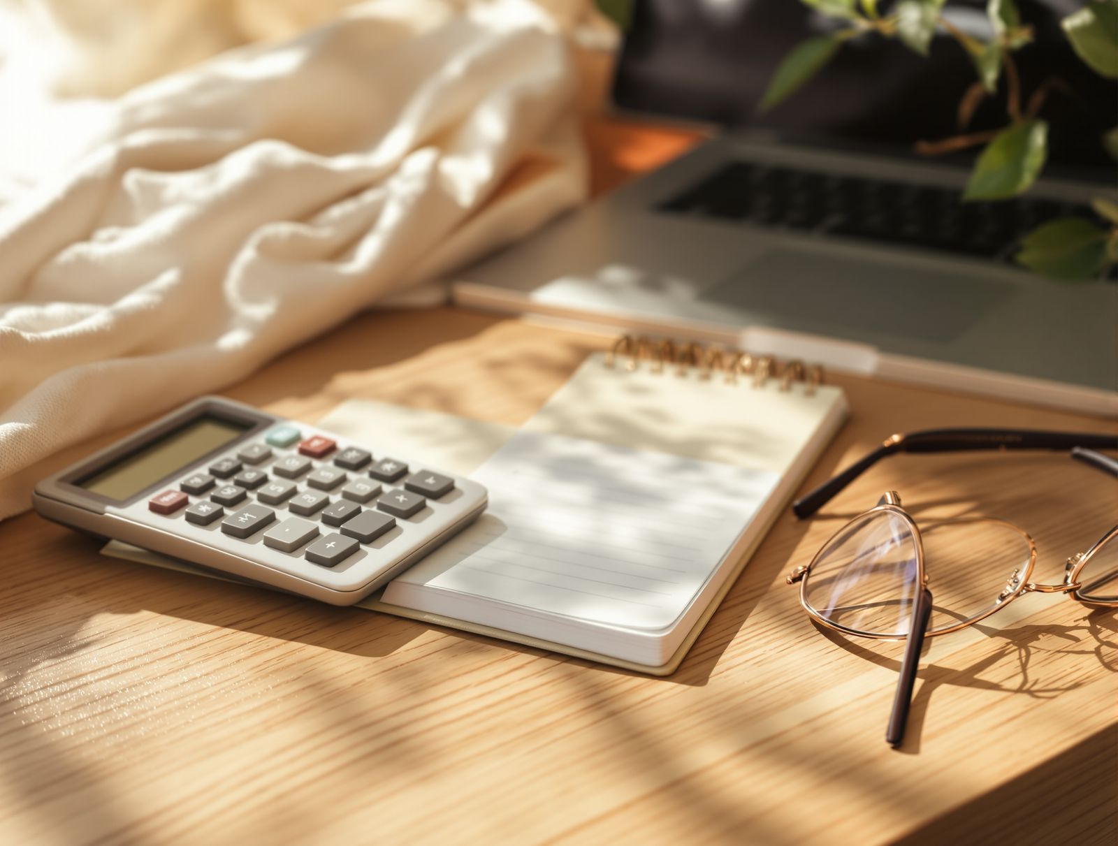 A calculator, notebook, and reading glasses on a wooden desk in soft daylight