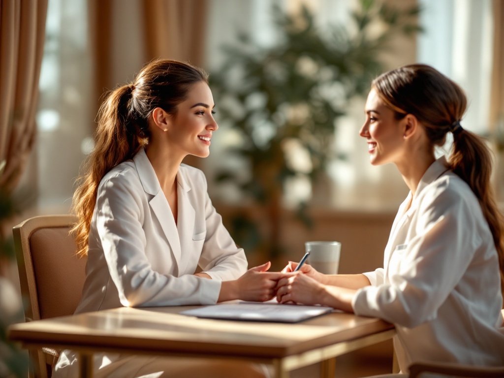 A calm consultation between a patient and a doctor seated at a desk in an elegant clinic